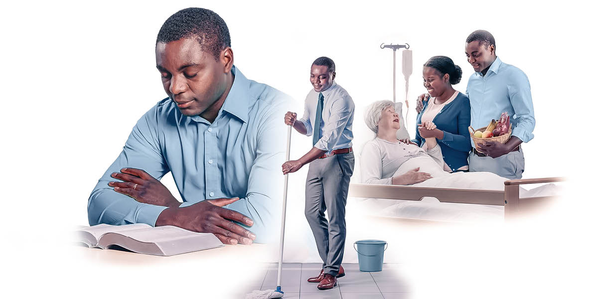 Foto: 1. Phangi mumoshi wa yala udi musamba gutuama dia gutanga Biblia. 2. Udi muweva Inzo ya Ufumu. 3. Muene nu mukaji’enji aya mutala phangi mumoshi wagukola udi mukata hopital.