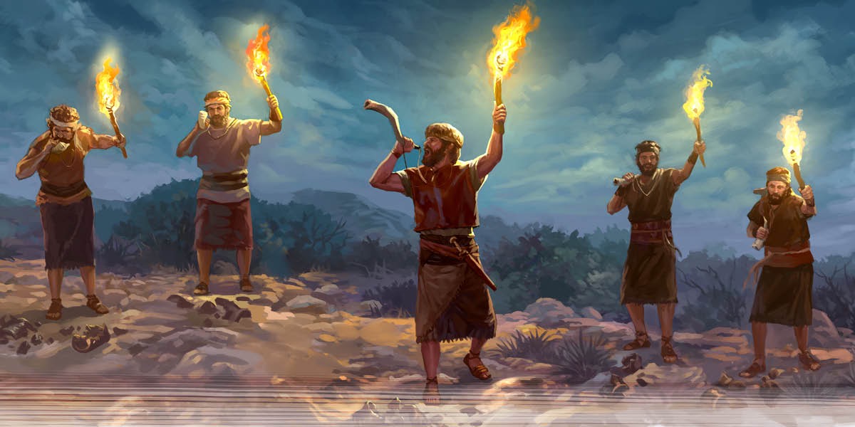 Gideon and olketa man bilong hem blowim horn, smasem olketa jar, holemap olketa torch and singaot big