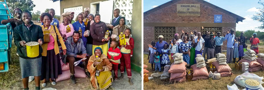 Olketa piksa: 1. Olketa brata and sista smile taem olketa holem kaikai wea olketa kasem. 2. Olketa brata and sista standap aotsaed lo wanfala Kingdom Hall witim kaikai wea olketa kasem front lo olketa.
