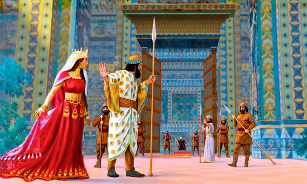 Esther go lo haos blo King Ahasuerus and hem werem spesol kaleko blo queen