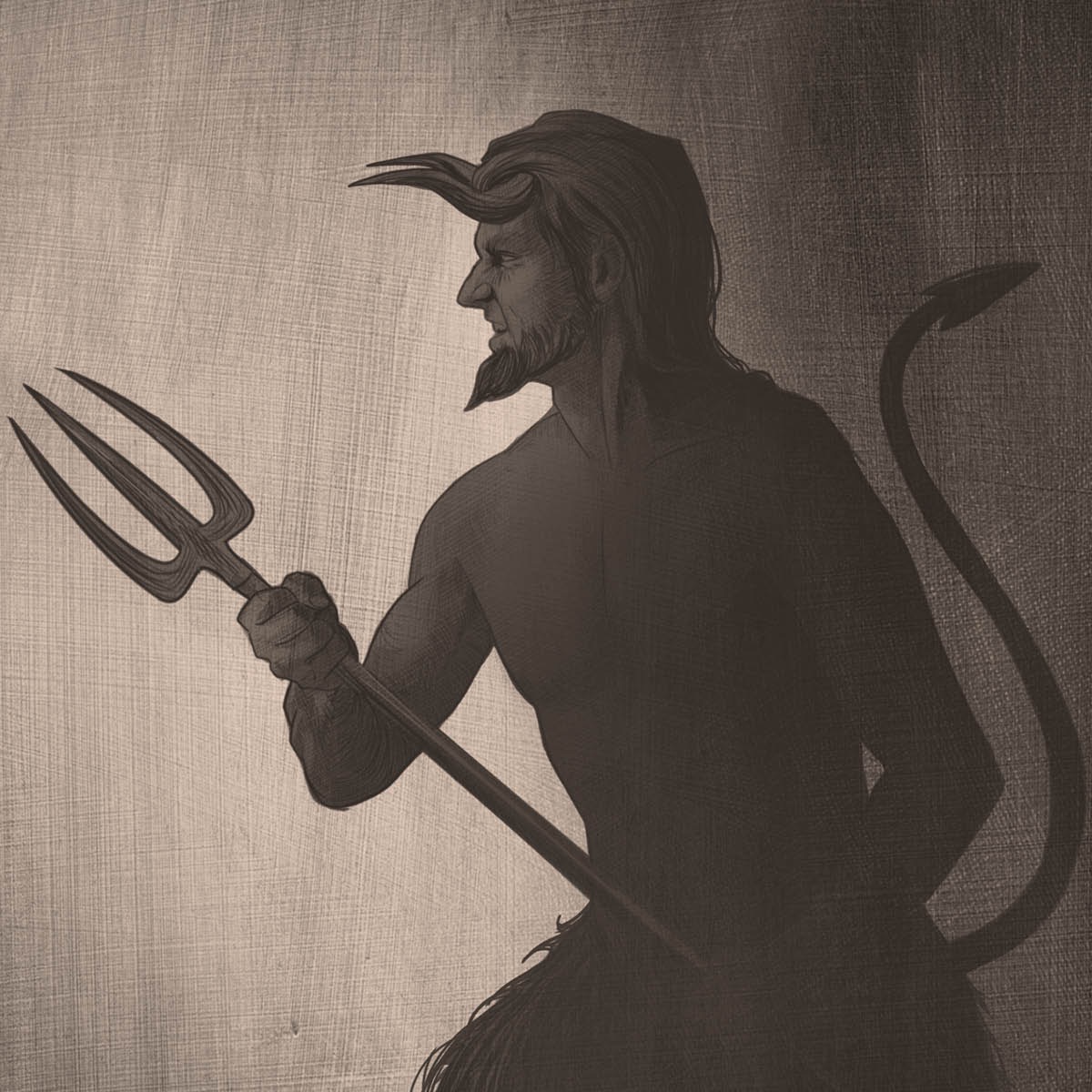 Staka artist drawim Devil hem holem wanfala pitchfork. Lukluk blo hem olsem goat wea garem horn and tail.