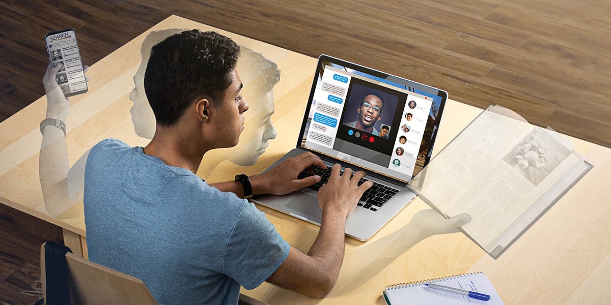 Teenage boy duim staka samting lo semtaem. Hem duim video kol witim fren blo hem, hem studyim information lo wanfala buk, and hem iusim phone blo hem for lukluk lo Internet.