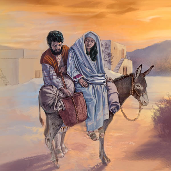 Mary sidaon long donkey and Joseph putim olketa basket antap tu