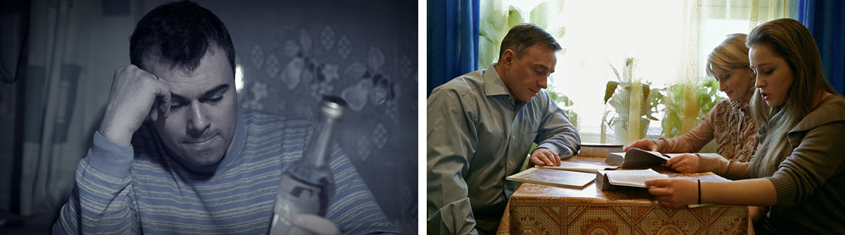 Olketa piksa: Olketa scene from video ‘Mi Les Long Laef Bilong Mi.’ 1. Dmitry lukluk lo wanfala botol alcohol. 2. Dmitry, waef, and gele blo tufala studyim Bible tugeta.