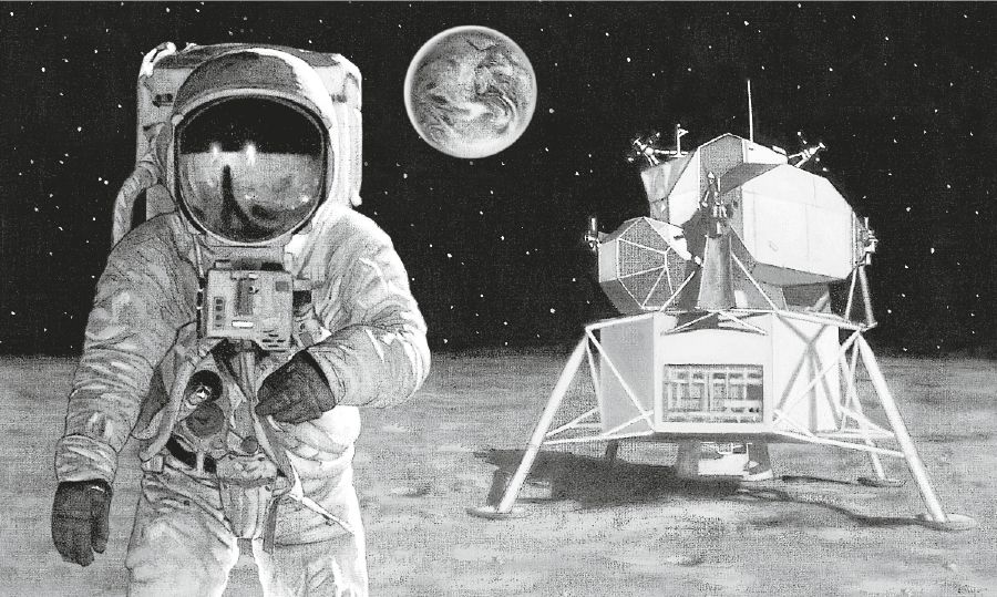 Wanfala man stap long moon and story witim pipol long earth
