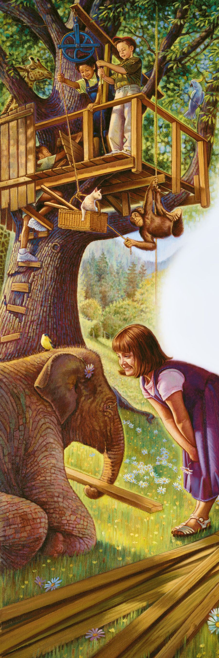 Olketa pikinini plei insaed wanfala tree witim olketa animal