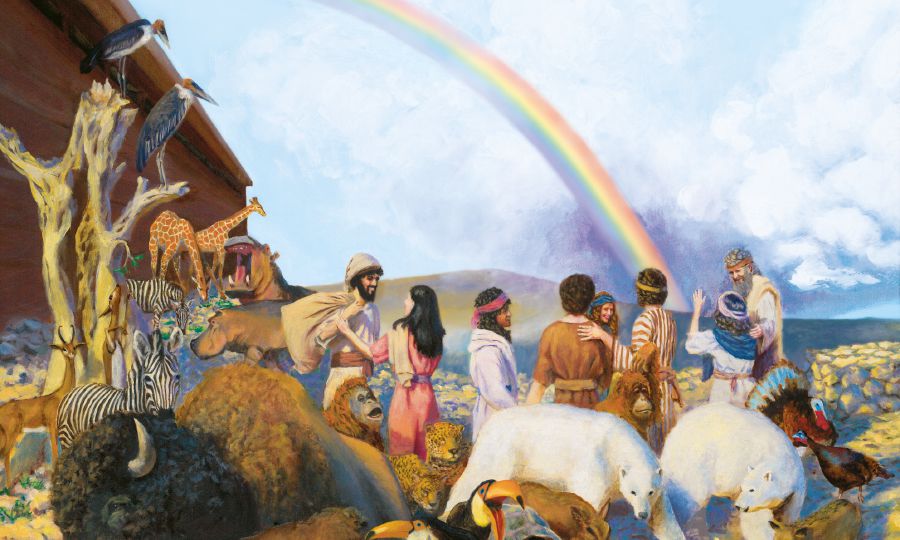 Bihaen Noah, famili bilong hem, and olketa animal go aot from ark, wanfala rainbow showaot long skae