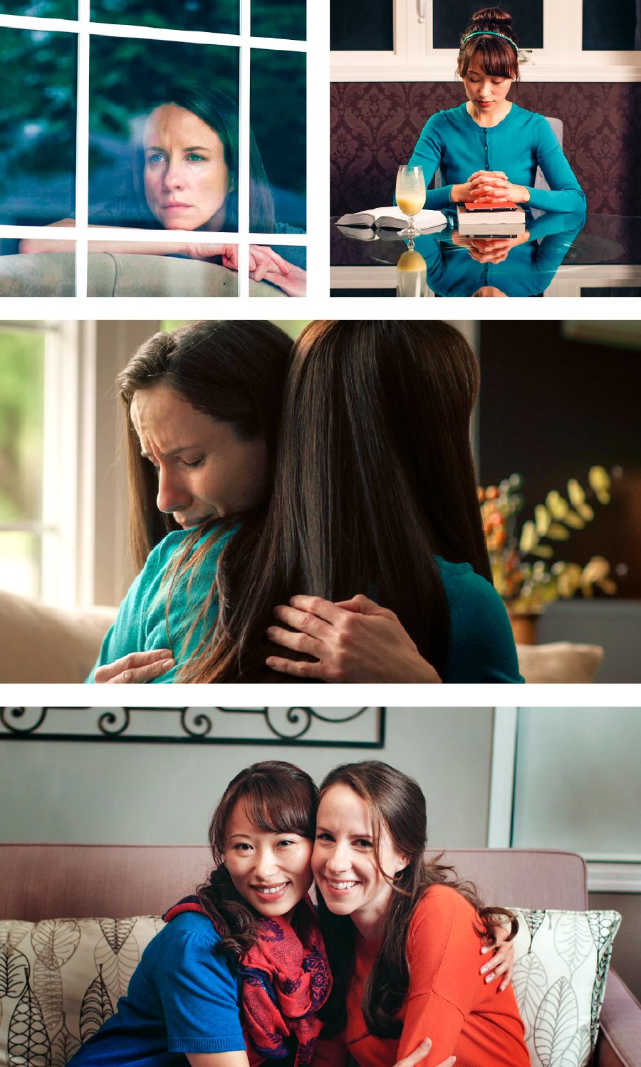 Laura hem lukluk aot long window, Abbey hem prea, Abbey and Laura hugim each other and tek piksa