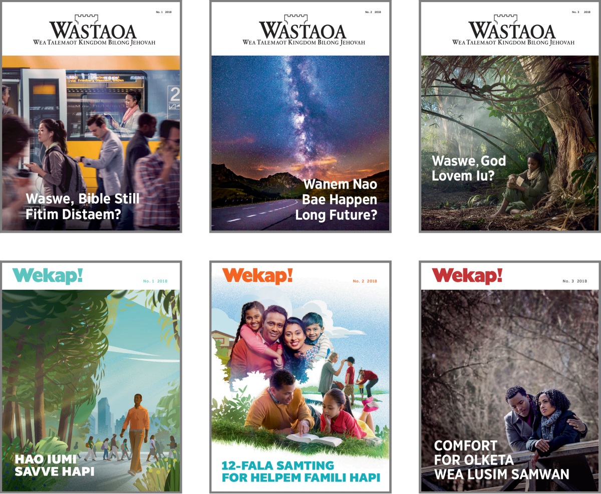 Olketa piksa: Olketa title blo ‘Wastaoa’ and ‘Wekap!’ magasin blo 2018. 1. ‘Waswe, Bible Still Fitim Distaem?’ 2. ‘Wanem Nao Bae Happen Long Future?’ 3. ‘Waswe, God Lovem Iu?’ 4. ‘Hao Iumi Savve Hapi.’ 5. ‘12-Fala Samting for Helpem Famili Hapi.’ 6. ‘Comfort for Olketa wea Lusim Samwan.’