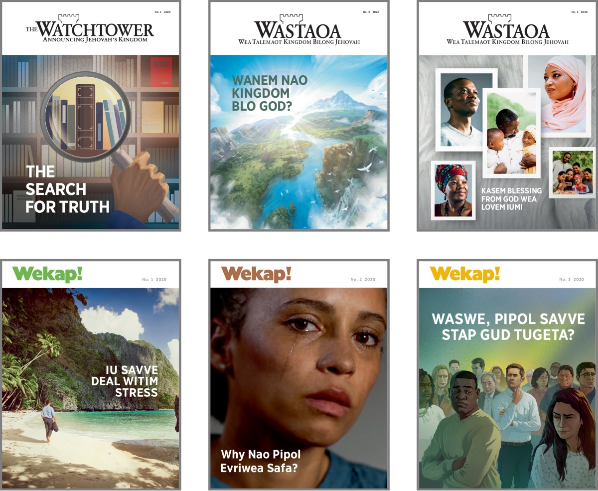 Olketa title blo ‘Wastaoa’ and ‘Wekap!’ magasin blo 2020. 1. ‘The Search for Truth.’ 2. ‘Wanem Nao Kingdom blo God?’ 3. ‘Kasem Blessing From God wea Lovem Iumi.’ 4. ‘Iu Savve Deal Witim Stress.’ 5. ‘Why Nao Pipol Evriwea Safa.’ 6. ‘Waswe, Pipol Savve Stap Gud Tugeta?’