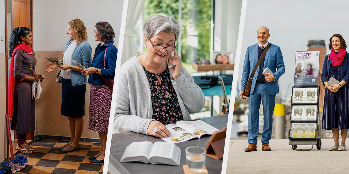 Olketa piksa: Famili wea piksa blo olketa lo article “Markem Olketa Goal for Niu Service Year​—Pioneer” olketa preach lo olketa narawan. 1. Datfala young gele and mami blo hem iusim “Enjoyim Laef for Olowe!” brochure for story witim wanfala woman lo front door lo haos. 2. Datfala granmami iusim “Enjoyim Laef for Olowe!” brochure for conductim Bible study lo phone. 3. Datfala dadi and mami standap witim trolley wea displayim “Enjoyim Laef for Olowe!” brochure and advertisem free Bible study course.