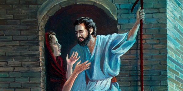 Rahab witim wanfala long olketa spae witim disfala red rope long window bilong hem