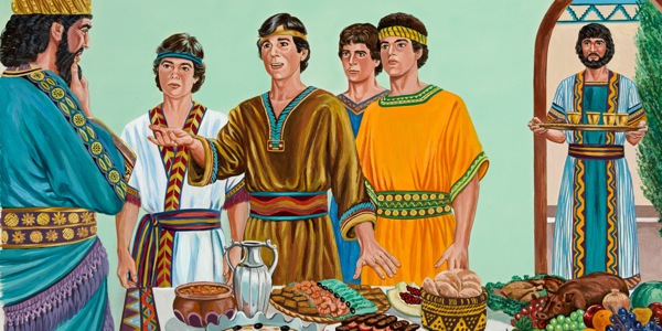 Daniel, Shadrach, Meshach, and Abednego no laek for kaikaim kaikai and wine bilong King Nebuchadnezzar