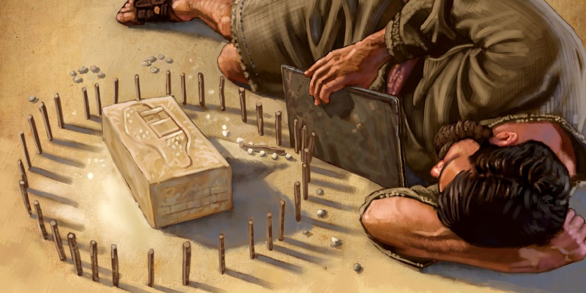 Ezekiel leidaon long left saed bilong hem klosap long wanfala brik wea hem drawim piksa bilong Jerusalem long hem