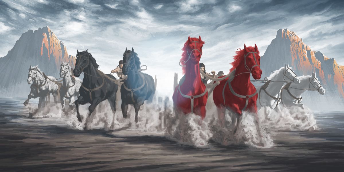 Olketa horse wea garem difren kala pullim kam olketa chariot midolwan tufala maunten wea olketa wakem long copper