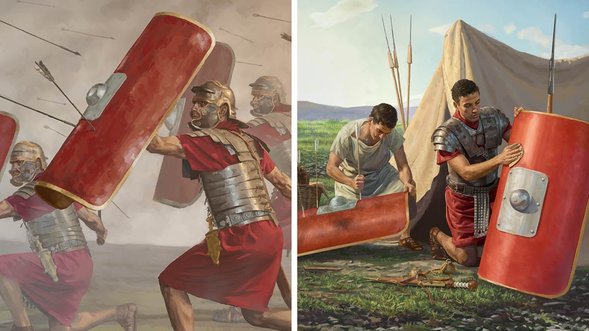 Olketa soldia lo bifor iusim shield lo taem blo faet; wanfala soldia and wakaman blo hem, tufala repairim olketa shield
