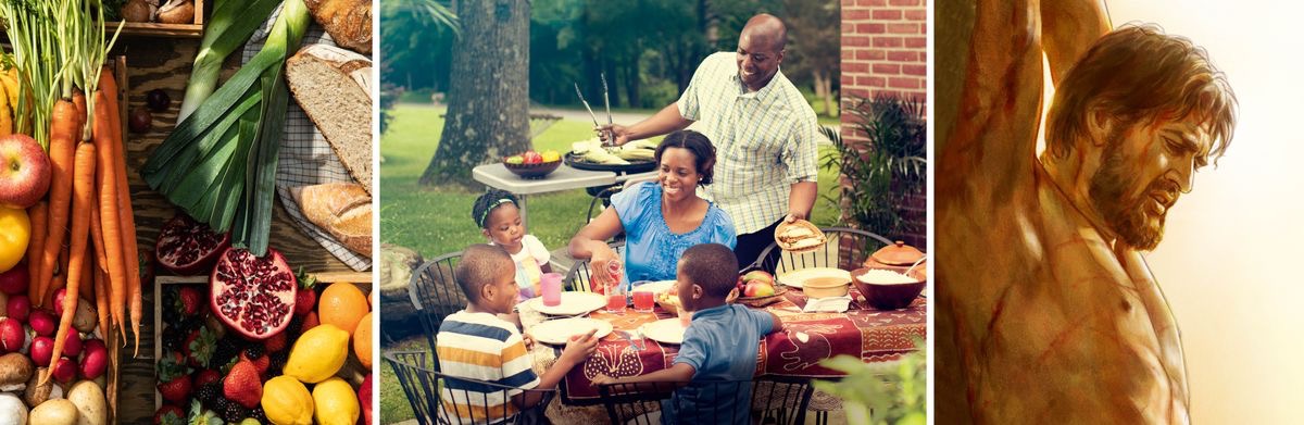 Olketa piksa: Olketa gudfala present from Jehovah. 1. Olketa difren kaen kaikai. 2. Wanfala hapi famili sidaon aotsaed lo haos and kaikai. 3. Jesus hem hange lo post.