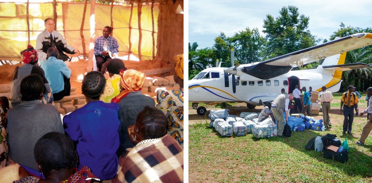 Olketa piksa: 1. Reino givim tok for olketa refugee insaed temporary meeting ples. 2. Olketa brata loadim relief supply insaed wanfala smol plane.