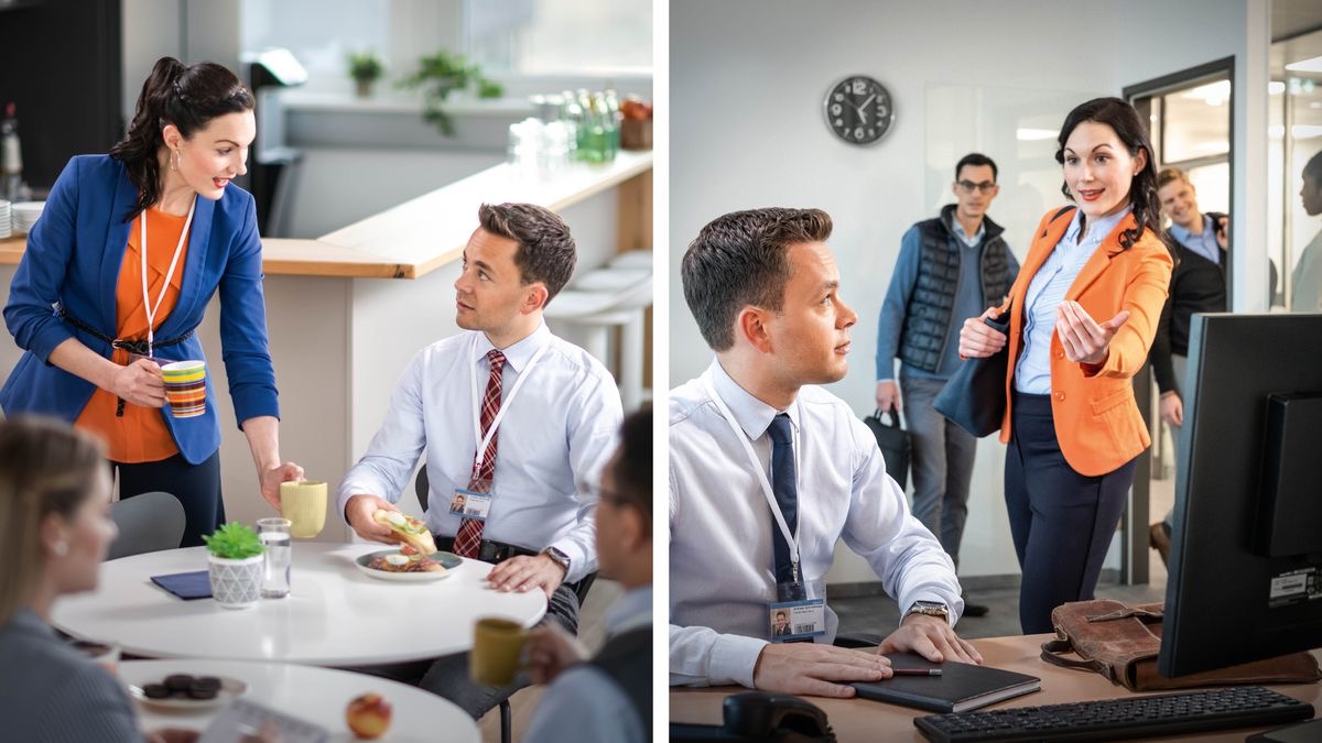 Olketa piksa: 1. Wanfala female workmate givim lo wanfala brata wanfala kap coffee lo lunch brek. 2. Sem woman invaetem datfala brata for go aot witim and olketa narawan afta waka.