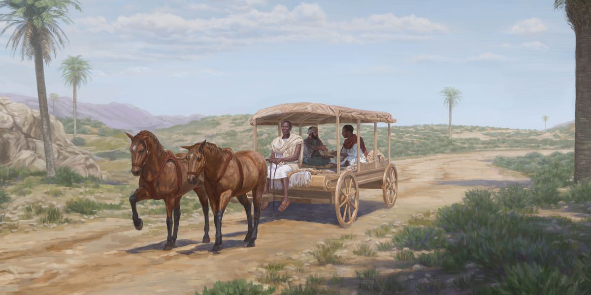 Philip sidaon saed lo wanfala Ethiopian man and explainim olketa Holy Raeting lo hem insaed wanfala chariot wea garem fofala wheel and wea horse pullim and garem draeva tu.