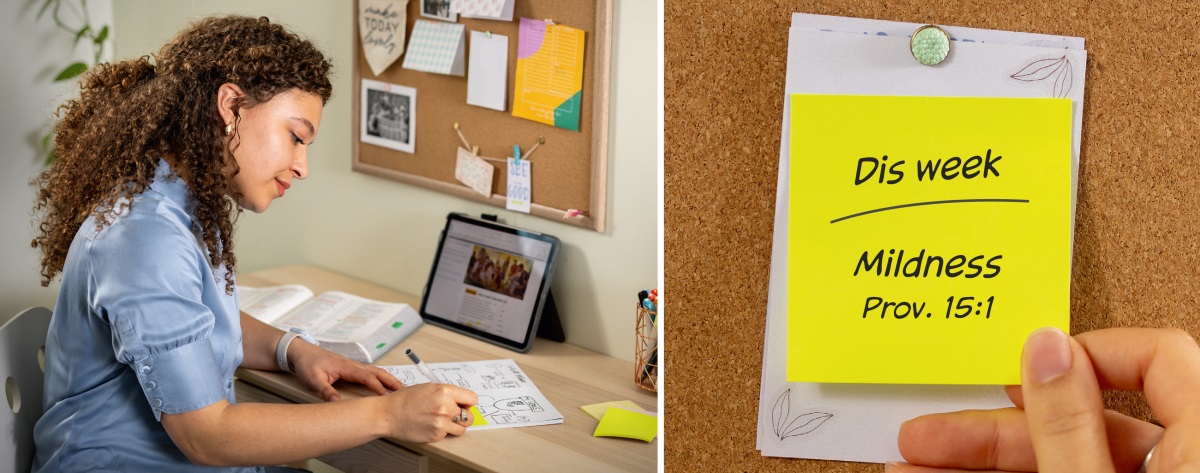 Olketa piksa: 1. Wanfala sista raetem note taem hem duim personal study. 2. Hem putim datfala note lo board. Datfala note read olsem: “Dis week, mildness, Proverb 15:⁠1.”