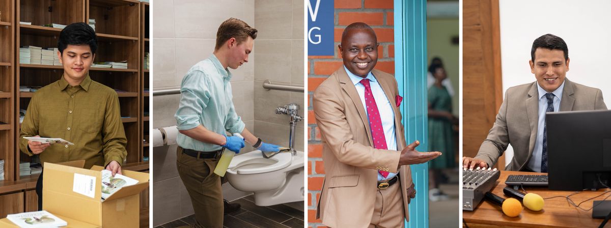 Olketa piksa: Olketa ministerial servant willing for duim waka. 1. Wanfala brata stretem olketa literature. 2. Nara brata klinim toilet. 3. Nara brata greetim olketa wea arrive lo kongregeson meeting. 4. Wanfala brata operatim audio-video equipment lo Kingdom Hall.