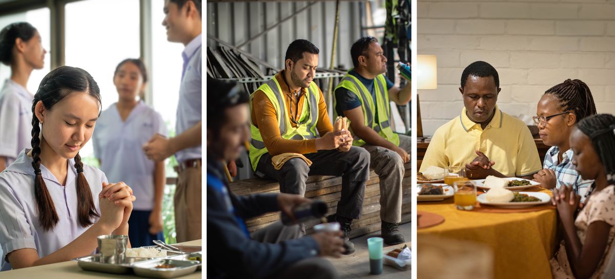 Olketa piksa: Olketa brata and sista prea bifor olketa kaikai. 1. Wanfala young sista lo skul cafeteria and olketa skulmate blo hem story klosap. 2. Wanfala brata wea waka lo construction, during lo lunch brek witim olketa workmate. 3. Wanfala dadi witim waef and dota, sidaon raon tebol lo haos for kaikai.