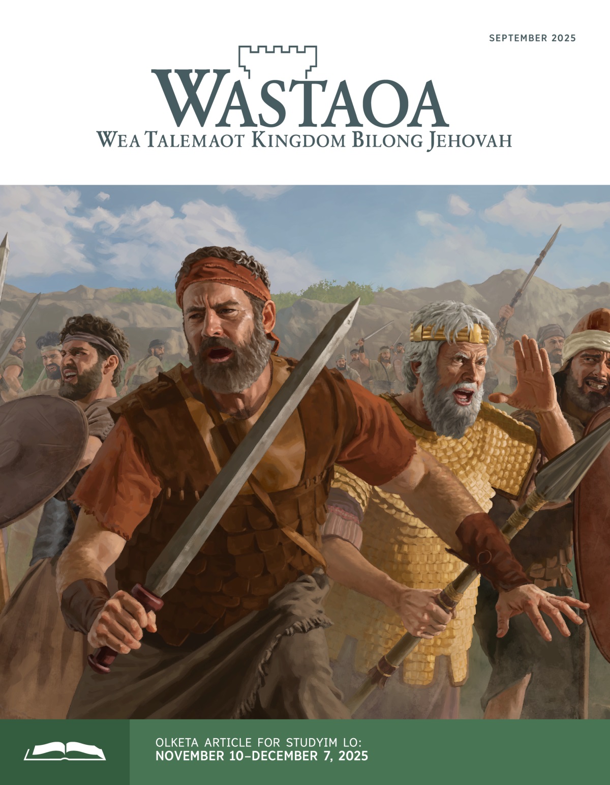 Jonathan, Saul, and olketa Israelite soldia iusim sword, spia, and shield lo battlefield.