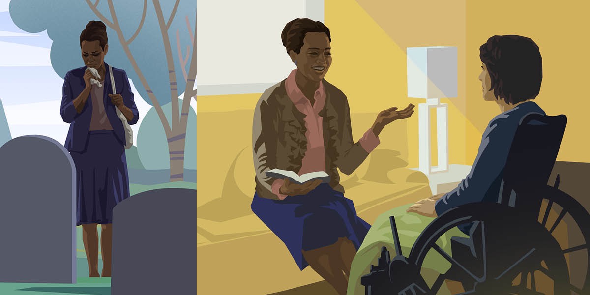 Wanfala woman hem krae long grev; woman wea sidaon long wheelchair hem lisin long message from Bible