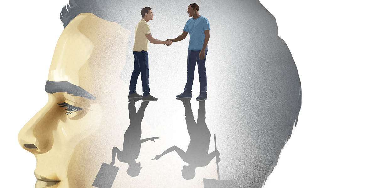 Wanfala man imaginim hem shake hand witim man wea garem difren kala skin. Shadow blo tufala showim tufala holem protest saen and argue witim each other.