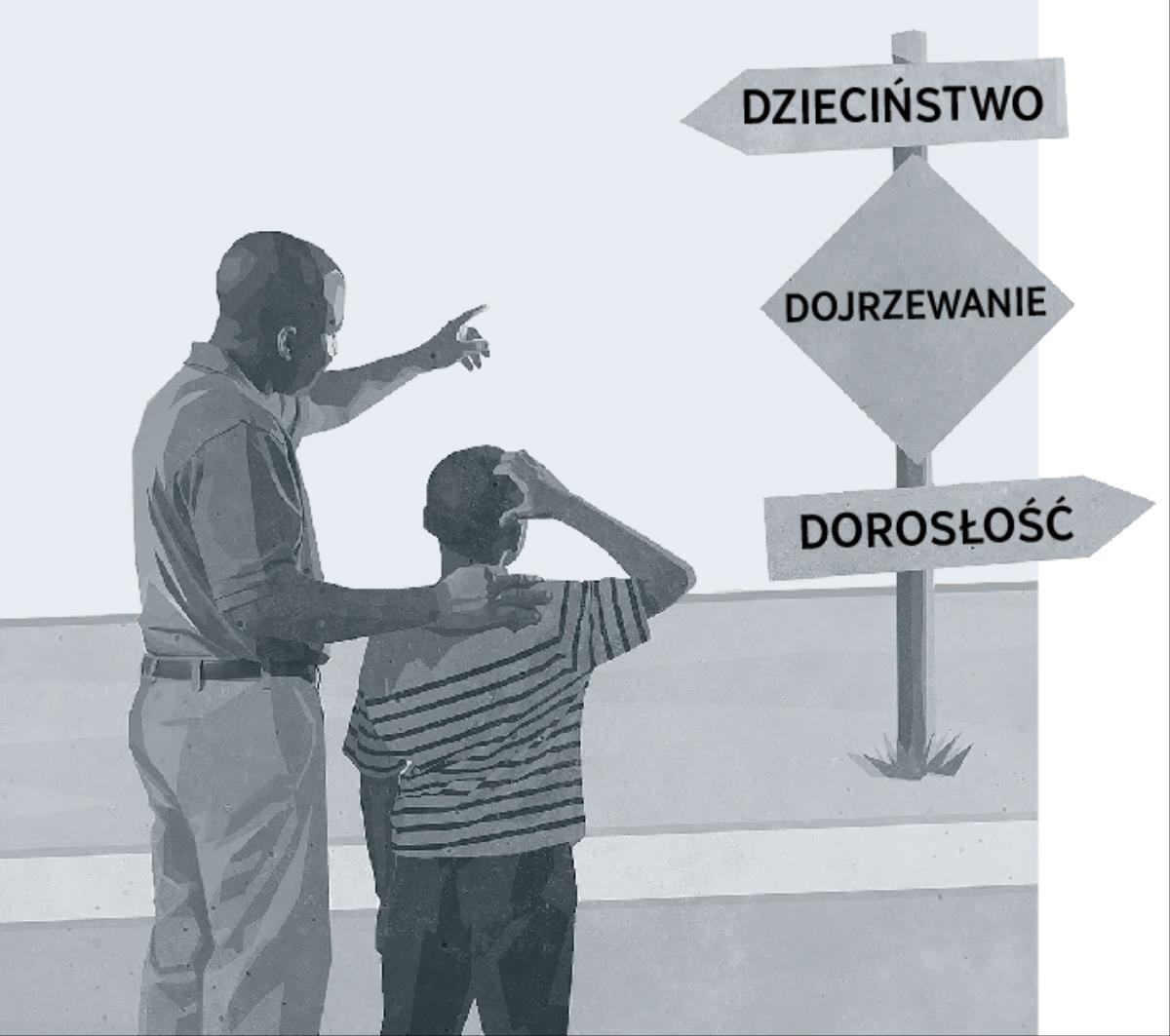 Ojciec i syn spoglądają na drogowskaz pokazujący, że dojrzewanie znajduje się na drodze prowadzącej od dzieciństwa do dorosłości