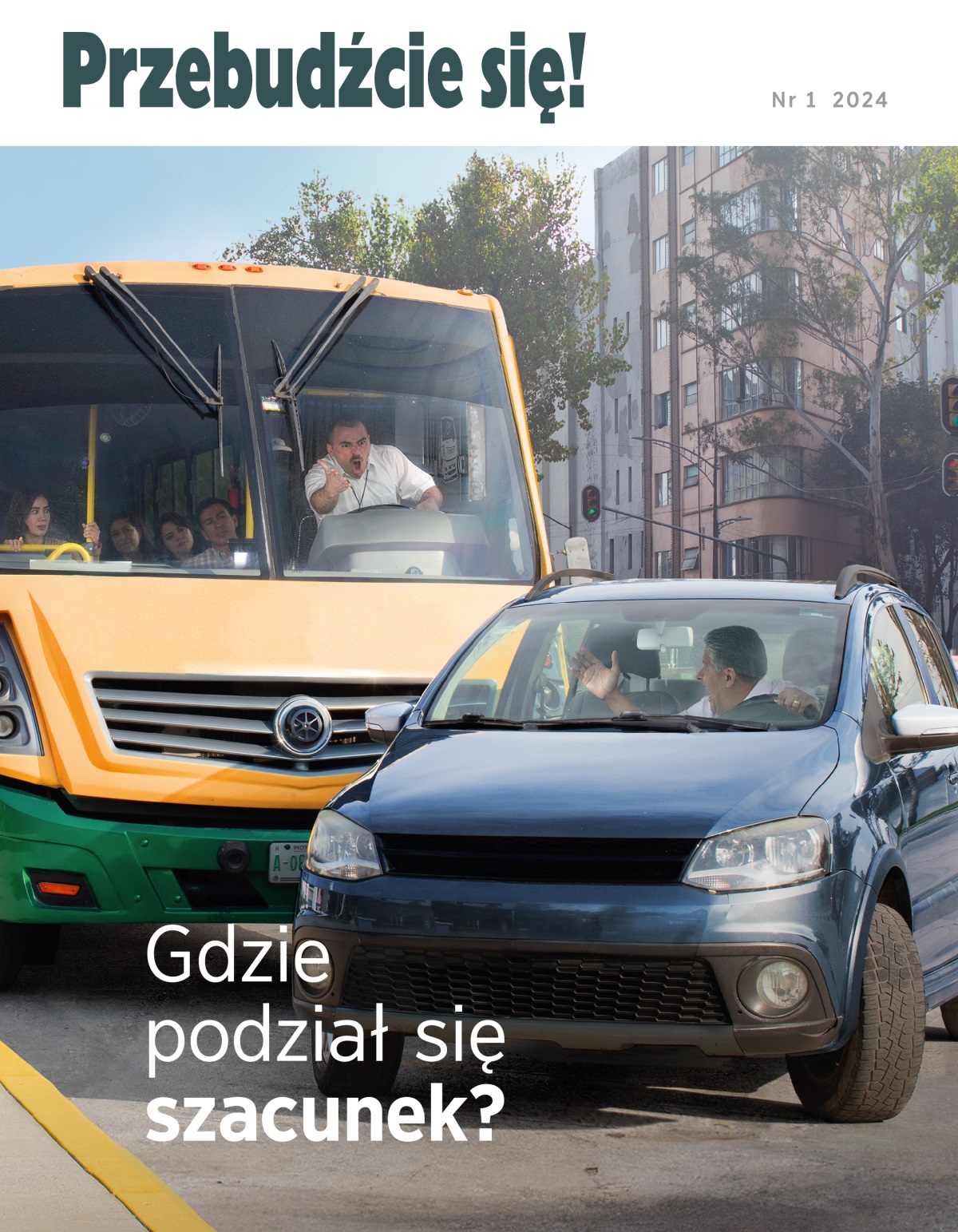 Rozzłoszczony kierowca autobusu krzyczy na innego kierowcę, który zajechał mu drogę.
