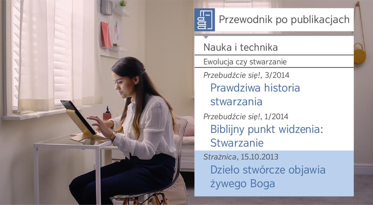 Scena z filmu „Zaznawaj radości z pozyskiwania uczniów dzięki korzystaniu z pomocy Jehowy — posługuj się narzędziami do wyszukiwania informacji”. Neeta korzysta z „Przewodnika po publikacjach”, żeby znaleźć informacje na temat stwarzania.