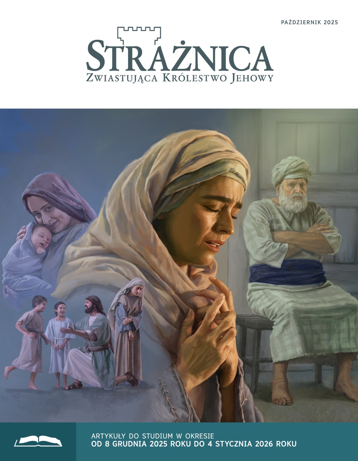 Kolaż: 1. Anna ze smutkiem odwraca wzrok, kiedy Elkana bawi się z dwójką swoich dzieci. 2. Peninna uśmiecha się, kołysząc na rękach swoje nowo narodzone dziecko. 3. Anna płacze, kiedy żarliwie się modli. 4. Arcykapłan Heli siedzi z założonymi rękami i patrzy na Annę.