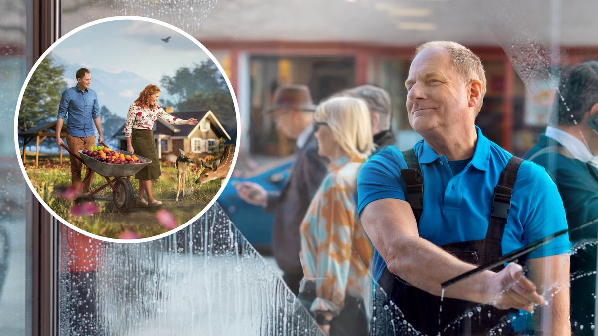 ‏.A brother imagining himself in Paradise as he is washing a store window. He visualizes himself alongside his wife, pushing a wheelbarrow full of fruit while deer graze nearby