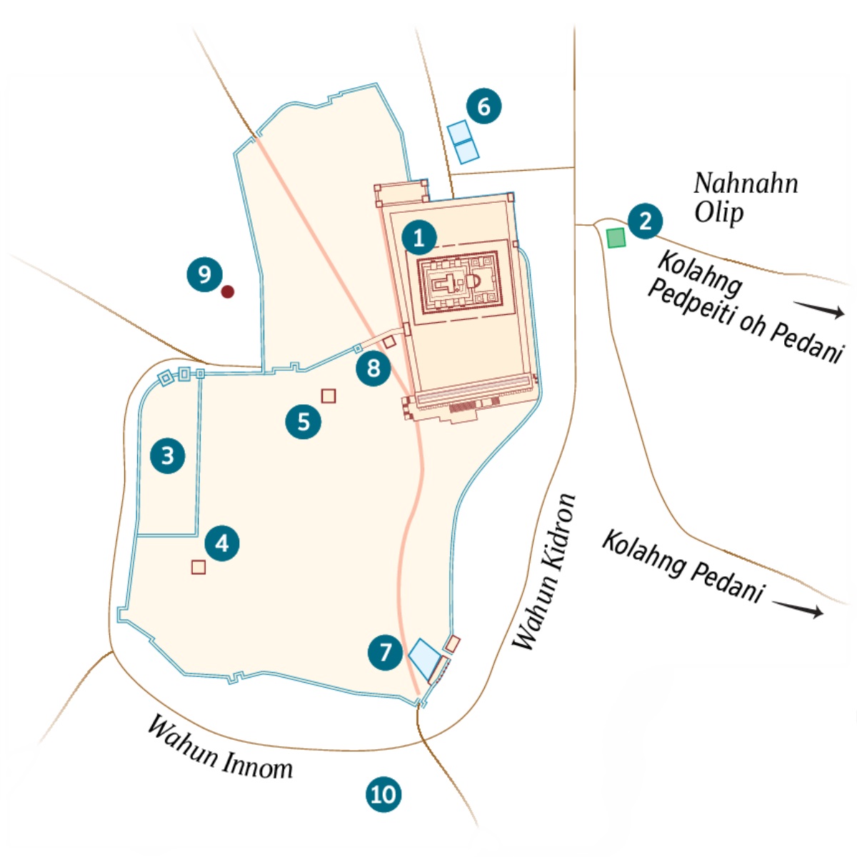 Map en Serusalem oh wasa me kapilpene. Kairekdien wasa kan me aramas ese oh wasa kan me kakete mie. 1. Tehnpas Sarawio. 2. Mwetuwel en Kedsemeni. 3. Tehnpas en Kepina. 4. Imwen Kaiapas. 5. Tehnpas me Erod Antipas kin mi ie. 6. Lepin Lehn Pedsehda. 7. Lepin Lehn Siloham. 8. Sandedrin. 9. Kolkoda. 10. Akeldama.