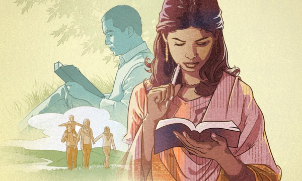Un minjer ku un omi ki na lei Biblia;un familia filis ku na pasa bon mumentu fora