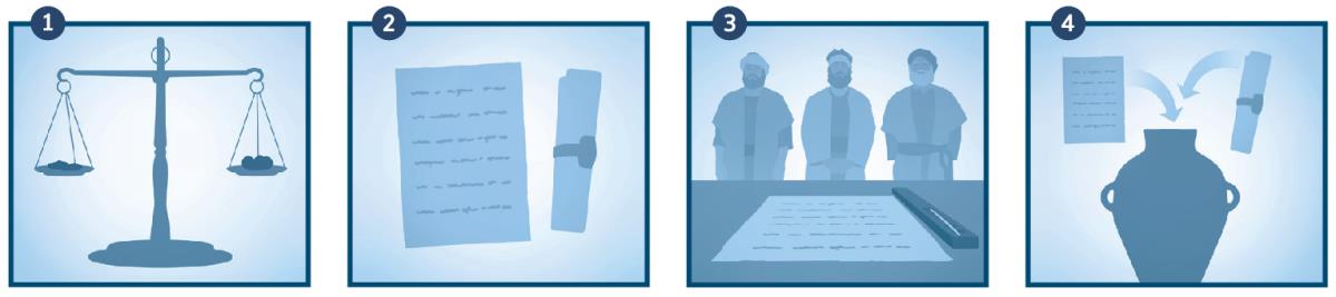 Pa kumpra terenu, Jeremias pesa diñeru na balansu, i sina dukumentu di kompra i ranja tustumuñas i guardal dentru di un jaru