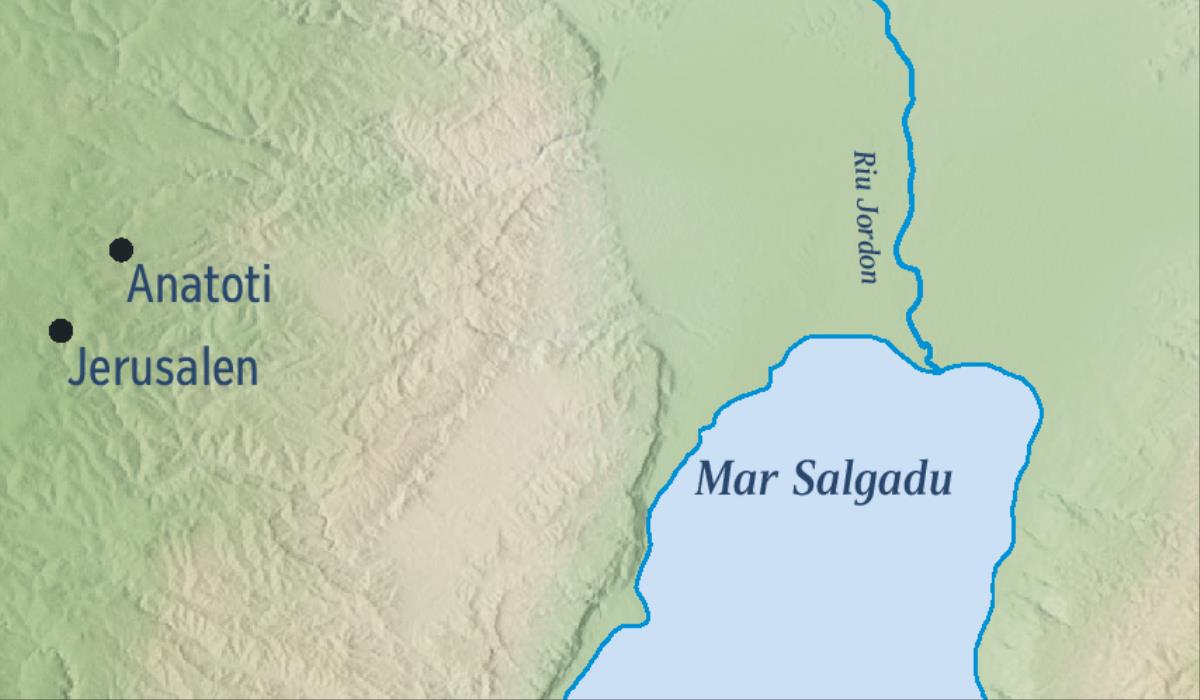 Un mapa ku na mostra Jerusalen ku Anatoti tabanka di Jeremias