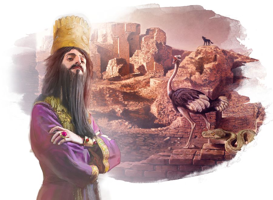 Un omi orgulyosu di Babilonia, ku ruinas di Babilonia ku tene so limarias di disertu