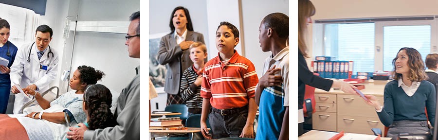 Un minjer tustumuña ku dita na ospital na papia ku dotor; un rapaziñu tustumuña na sala di aula ka sauda bandera; un tustumuña risibi konviti di festa na kau di tarbaju