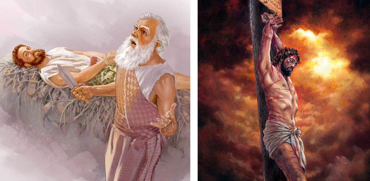 Imaẑens: 1. Abraon pega faka i na jubi pa seu nkuantu ki Isaki dita na altar. 2. Jesus pindradu na staka di turtura.
