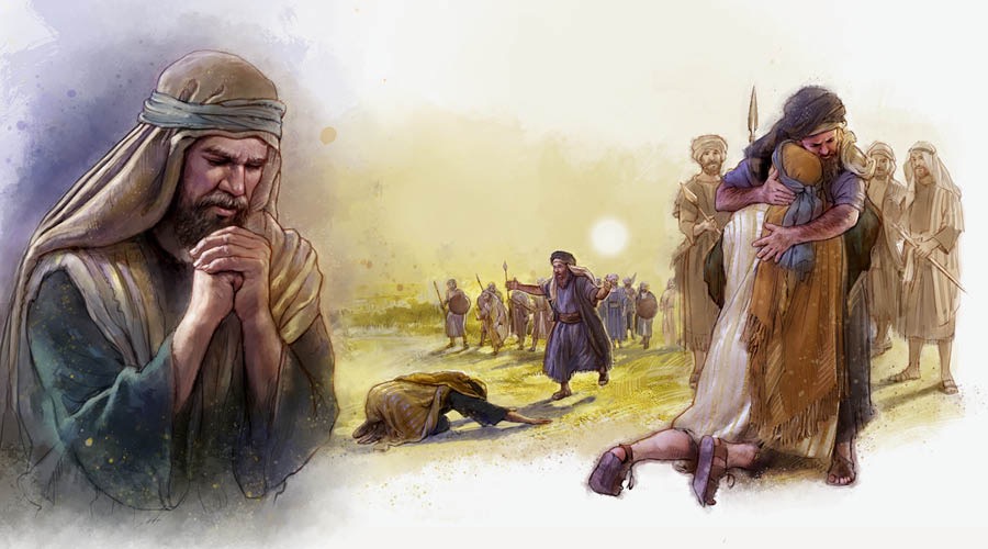 Imaẑens: Jakó da pasus pa rosolvi purblema ku Esaú. 1. Jakó na ora. 2. Jakó mborka dianti di Esaú. 3. Esaú barsa Jakó.