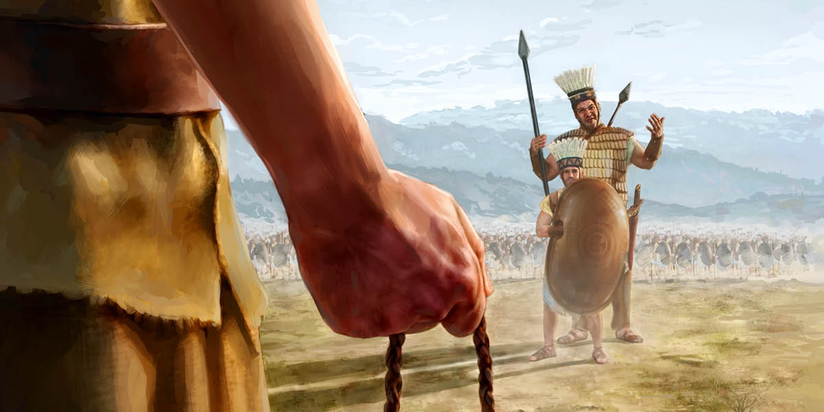 Jiganti Golias sta tras di si soldadu ku pegal tajadera i na koba Davi na kampu di gera.