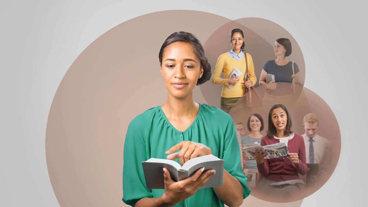 Fotos: Un irma sta na lei Biblia . 1. I sta kontenti na pregason juntu ku utru irma. 2. I sta na da kumentariu na un runion.