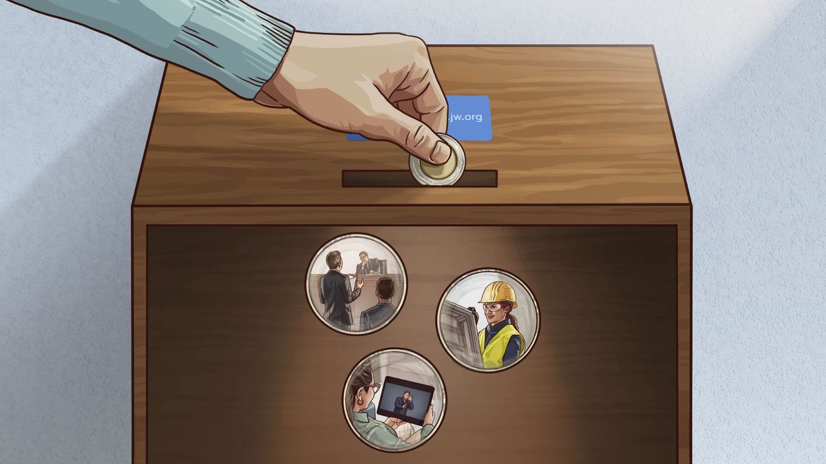 Mon di un algin ku sta na pui oferta na kaŝa di kontribuison. Diseñus: 1. Un ermon firma dianti di un juis. 2. Un irma sta na tarbaja na un projetu di konstruson teokratiku. 3. Un irma sta na jubi un video di lingua di sinal.