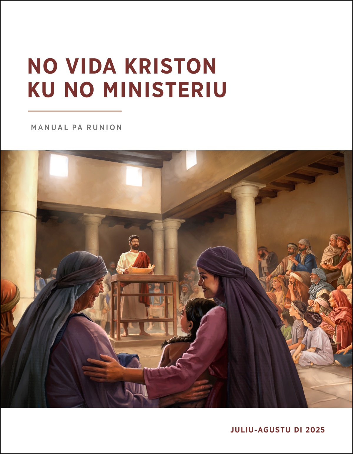 Jesus sta na kau di adora Deus, i yabri rolu ku sta na si mon. Un grupu di omis, minjeris ku mininus sta na sukutal diritu.