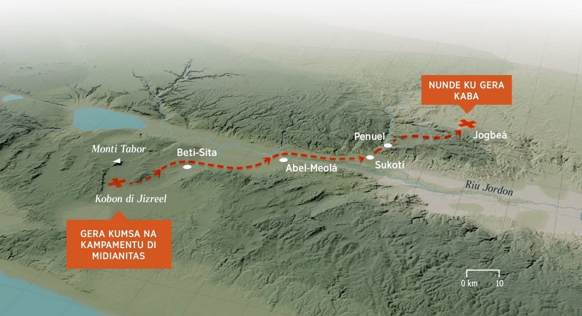 Mapa sta na mostra un kau ku ka niveladu, tambi ku distansia ku Jidion ku si omis fasi oca ke na serka midianitas, disna di kobon di Jizreel te na Jogbeá.