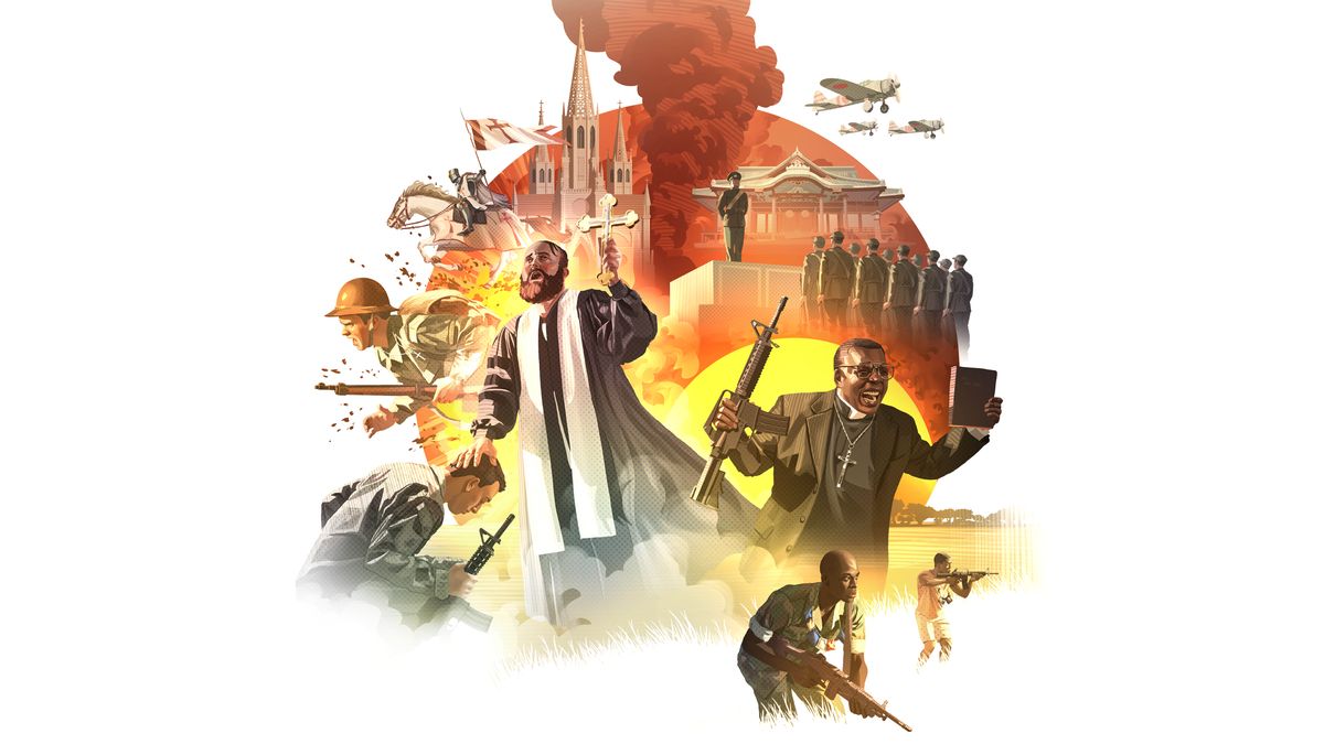 Dibujos de una catedral y un templo oriental rodeados de escenas que ilustran cómo las religiones falsas han promovido la guerra durante siglos: 1. Las cruzadas. 2. La Primera Guerra Mundial. 3. Un sacerdote de la Iglesia ortodoxa bendiciendo a un soldado. 4. Un pastor africano promoviendo una guerra entre tribus. 5. Soldados japoneses adorando al emperador.