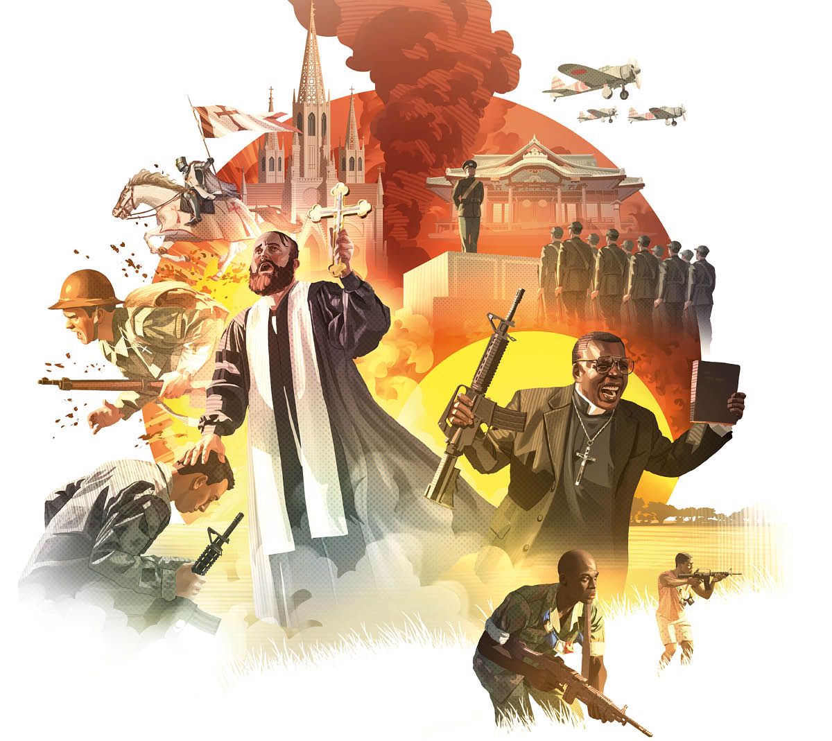 Dibujos de una catedral y un templo oriental rodeados de escenas que ilustran cómo las religiones falsas han promovido la guerra durante siglos: 1. Las cruzadas. 2. La Primera Guerra Mundial. 3. Un sacerdote de la Iglesia ortodoxa bendiciendo a un soldado. 4. Un pastor africano promoviendo una guerra entre tribus. 5. Soldados japoneses adorando al emperador.